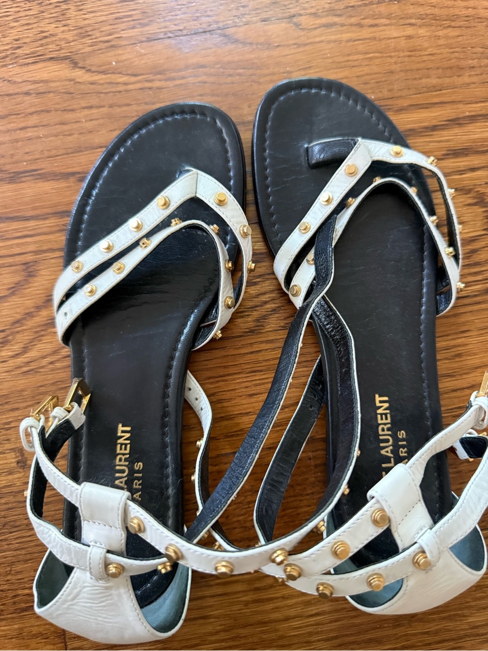 Saint Laurent Black and White Leather Studded Strap Sandals